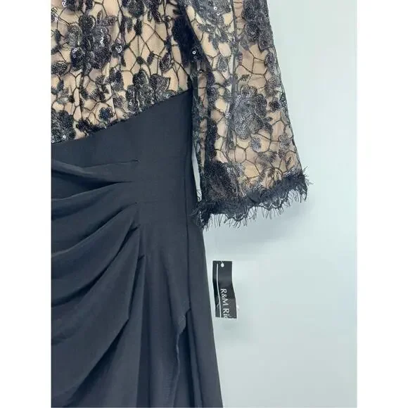 R&M Richards Gown Size 10 Black Beige Lace 3/4 Sleeve Maxi Front Slit Sequined